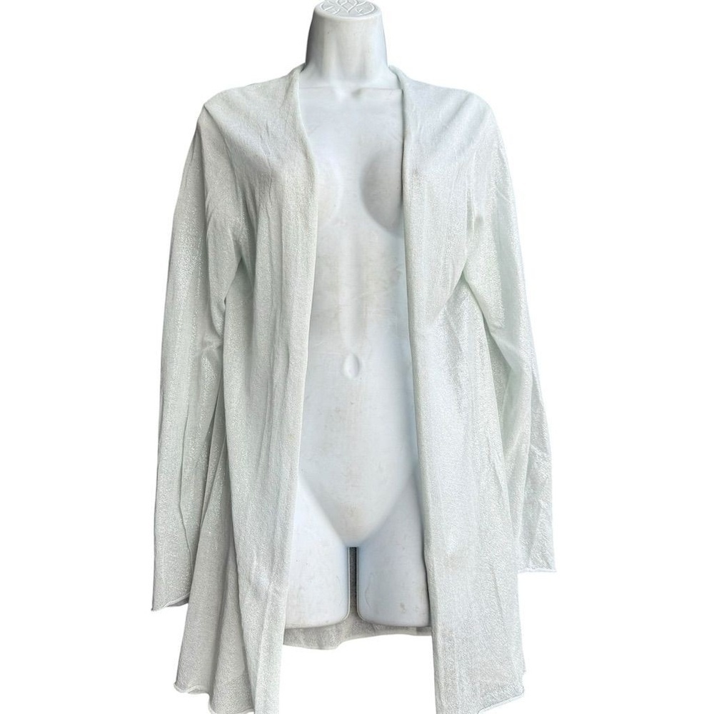 Eileen Fisher Women's Blue Open Front Cardigan Sweater M Metallic Long Sleeve